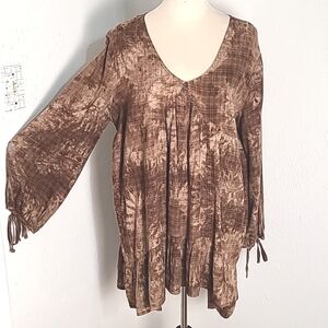 Urban Mangoz Mini-Dress Brown/Cream Ruffled Hem Long Wide Tie Sleeves Sz Lge